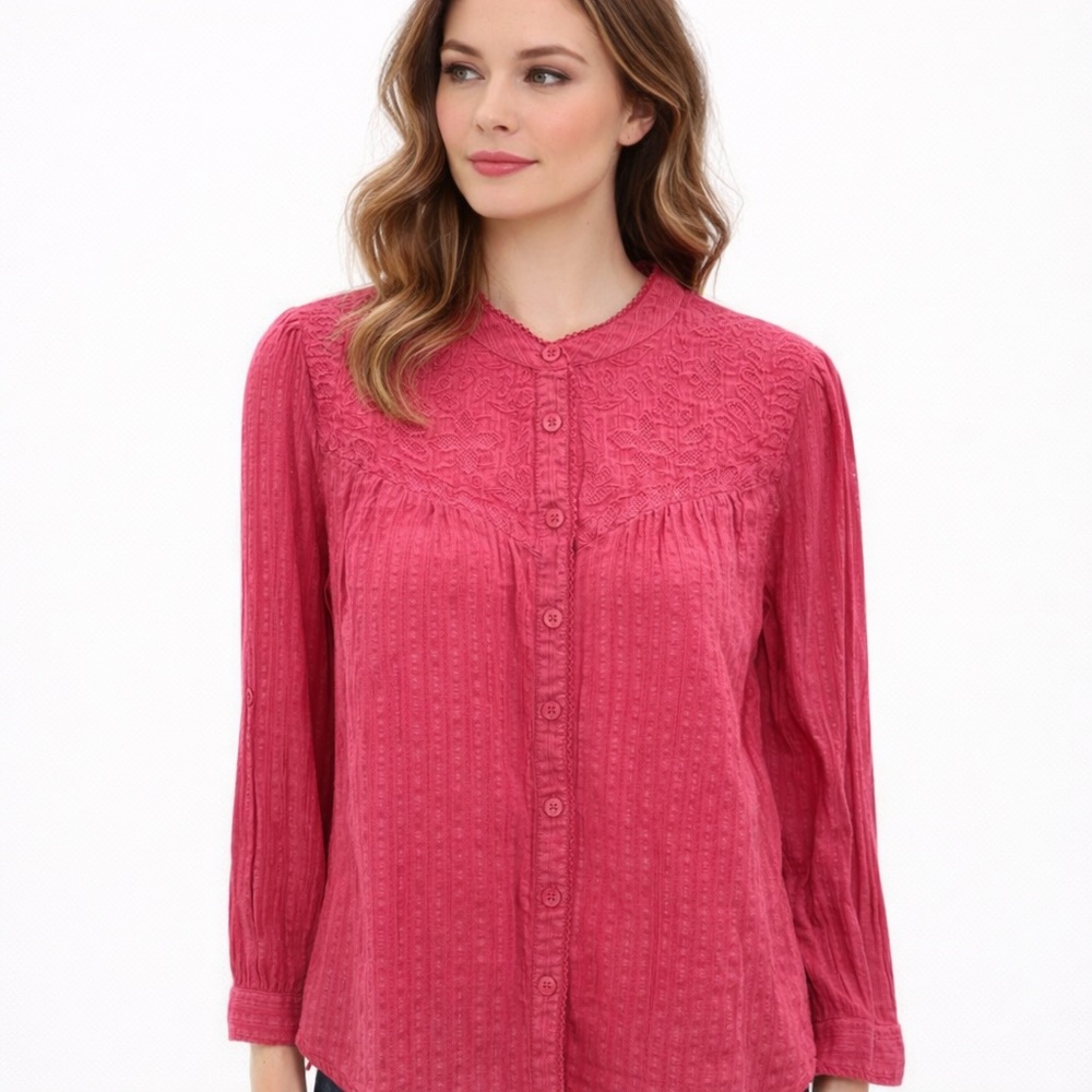 Pilcro Anthropologie Embroidered‎ Blouse Size 6 Womens Red Button Front Top
